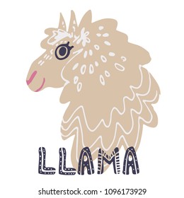 Beautiful hand drawn vector illustration of llama with lettering in scandinavian style isolated on white. Simple sweet kids nursery illustration. Graphic design for apparel print.