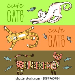 Beautiful hand drawn vector illustration cute cats. Doodle style.