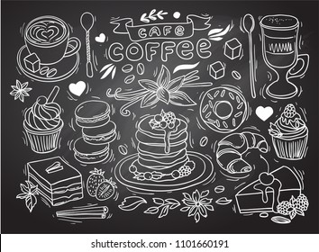 Beautiful hand drawn vector illustration coffee and sweets. Doodle style.