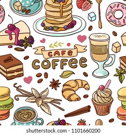 Beautiful hand drawn vector illustration coffee and sweets. Doodle style.