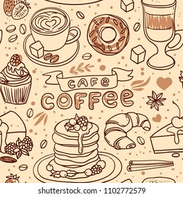 Beautiful hand drawn vector illustration coffee and sweets. Doodle style.