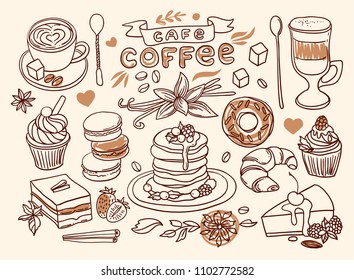 Beautiful hand drawn vector illustration coffee and sweets. Doodle style.