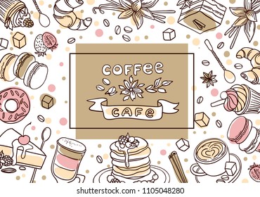Beautiful hand drawn vector illustration coffee and sweets. Doodle style.