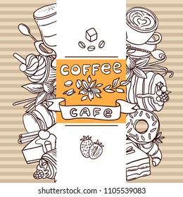 Beautiful hand drawn vector illustration coffee and sweets. Doodle style.