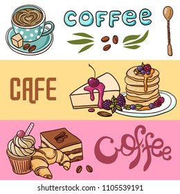 Beautiful hand drawn vector illustration coffee and sweets. Doodle style.