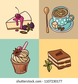Beautiful hand drawn vector illustration coffee and sweets. Doodle style.