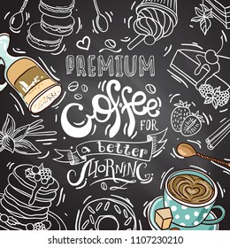 Beautiful hand drawn vector illustration coffee and sweets. Doodle style.