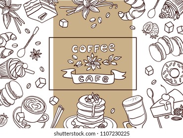 Beautiful hand drawn vector illustration coffee and sweets. Doodle style.