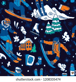 Beautiful hand drawn vector illustration winter sport. Skiing and snowboarding. Doodle style drawing.