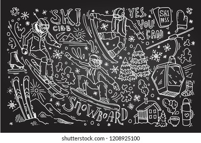 Beautiful hand drawn vector illustration winter sport. Skiing and snowboarding. Doodle style drawing.