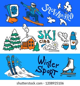 Beautiful hand drawn vector illustration winter sport. Skiing and snowboarding. Doodle style drawing.