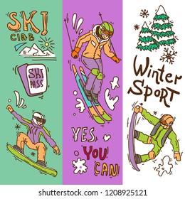 Beautiful hand drawn vector illustration winter sport. Skiing and snowboarding. Doodle style drawing.
