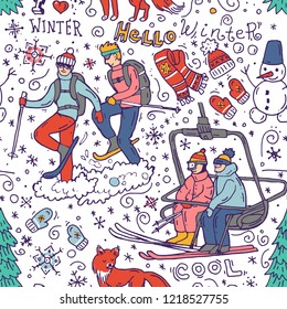 Beautiful hand drawn vector illustration winter  activities. Doodle style drawing.