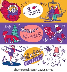 Beautiful hand drawn vector illustration winter activities. Doodle style drawing.