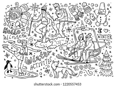 Beautiful hand drawn vector illustration winter activities. Doodle style drawing.
