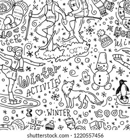 Beautiful hand drawn vector illustration winter activities. Doodle style drawing.
