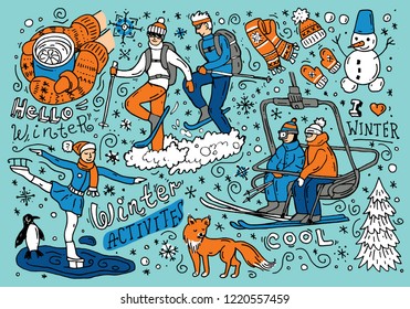 Beautiful hand drawn vector illustration winter activities. Doodle style drawing.