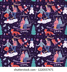 Beautiful hand drawn vector illustration winter  activities. Doodle style drawing.