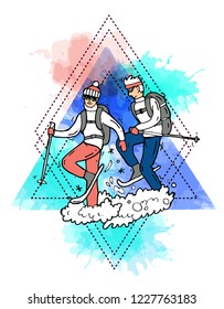 Beautiful hand drawn vector illustration winter sport activites. Doodle style drawing.