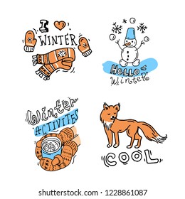 Beautiful hand drawn vector illustration winter sport activites. Doodle style drawing.