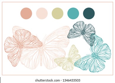 Beautiful hand drawn vector illustration sketching of butterflies. Boho style drawing. Use for postcards, print for t-shirts, posters, wedding invitation, tissue, linens - Vector