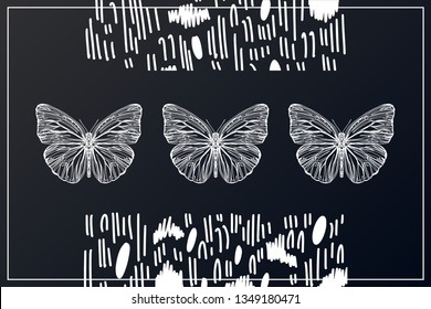 Beautiful hand drawn vector illustration sketching of butterflies. Boho style drawing. Use for postcards, print for t-shirts, posters, wedding invitation, tissue, linens
