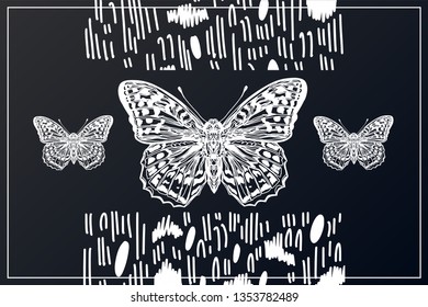 Beautiful hand drawn vector illustration sketching of butterflies. Boho style drawing. Use for postcards, print for t-shirts, posters, wedding invitation, tissue, linens