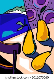 bella ilustración vectorial dibujada a mano con peras amarillas en la mesa y ventana abierta para arte de pared, afiche, pintura interior