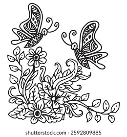 Beautiful hand drawn vector illustration with butterfly, flowers and leaves.