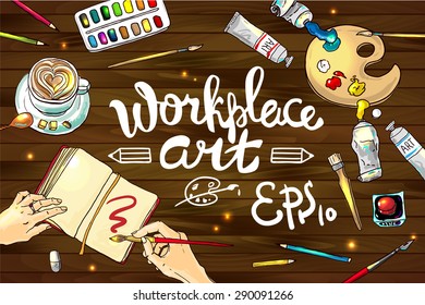 Beautiful hand drawn vector illustration workplace art