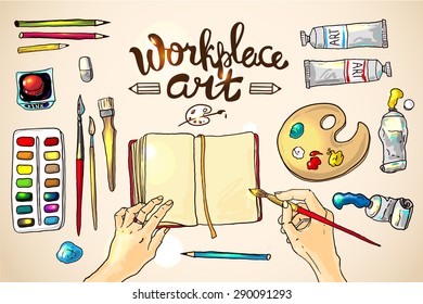 Beautiful hand drawn vector illustration workplace art