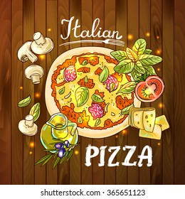 Beautiful hand drawn vector illustration cooking pizza for your design