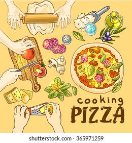 Beautiful hand drawn vector illustration cooking pizza for your design