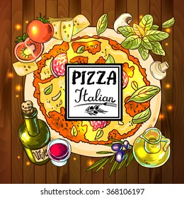 Beautiful hand drawn vector illustration cooking pizza for your design. Pizza food. Hand drawn pizza. Hand drawn food. Food illustration. Pizza menu. Pizza ingredients. Pizza hot. Pizza restaurant.