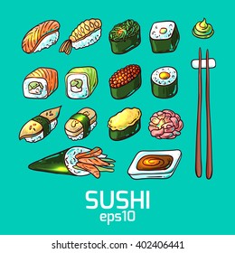 Beautiful hand drawn vector illustration japanese food. Shushi.