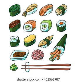 Beautiful hand drawn vector illustration japanese food. Sushi.