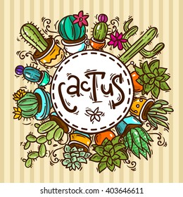 Beautiful hand drawn vector illustration cacti and succulents. Doodle style