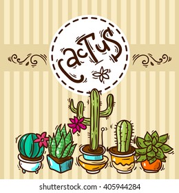 Beautiful hand drawn vector illustration cacti and succulents. Doodle style