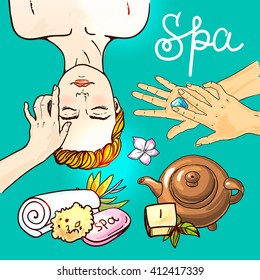 Beautiful hand drawn vector illustration spa salon. Spa woman waiting spa massage her face.