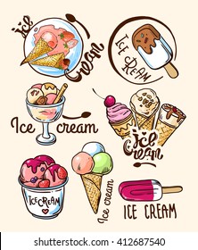 Beautiful hand drawn vector illustration ice cream. Ice cream logo.