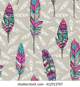 Beautiful hand drawn vector illustration feathers. Feathers seamless pattern.