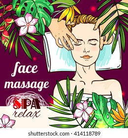 Beautiful hand drawn vector illustration spa salon. Spa woman waiting spa massage her face. Spa salon woman. Spa massage illustration. Spa relax. Spa girl. Face spa massage. Spa background.