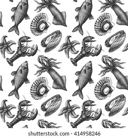 Beautiful hand drawn vector illustration sea food. Sea food engraving  style. Seafood seamless pattern.