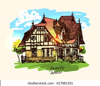 Beautiful hand drawn vector illustration country house. Sketch style house. Sketch house for your design.