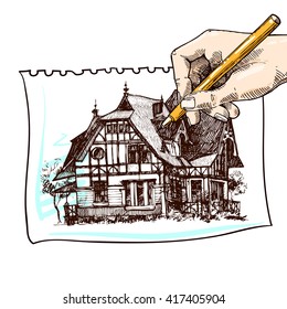 Beautiful hand drawn vector illustration country house. Sketch style house. Sketch house for your design.