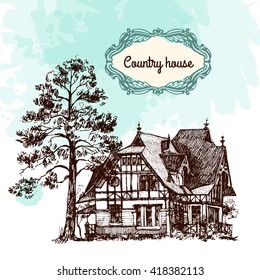 Beautiful hand drawn vector illustration country house. Sketch style house. Sketch house for your design.
