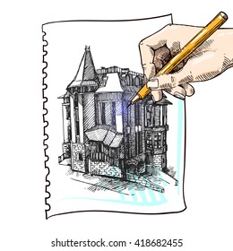 Beautiful hand drawn vector illustration of an artist's hand sketching a country house. 