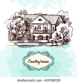 Beautiful hand drawn vector illustration country house. Sketch style house. Sketch house for your design.