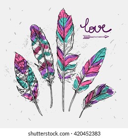 Beautiful hand drawn vector illustration feathers. Sketch feathers.