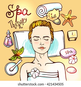 Beautiful hand drawn vector illustration spa salon. Spa woman waiting spa massage her face.